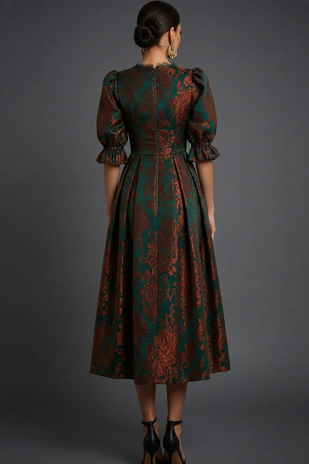 Floral Peacock Green Burnout Velvet A-Line Midi Wedding Guest Dress with Sleeves