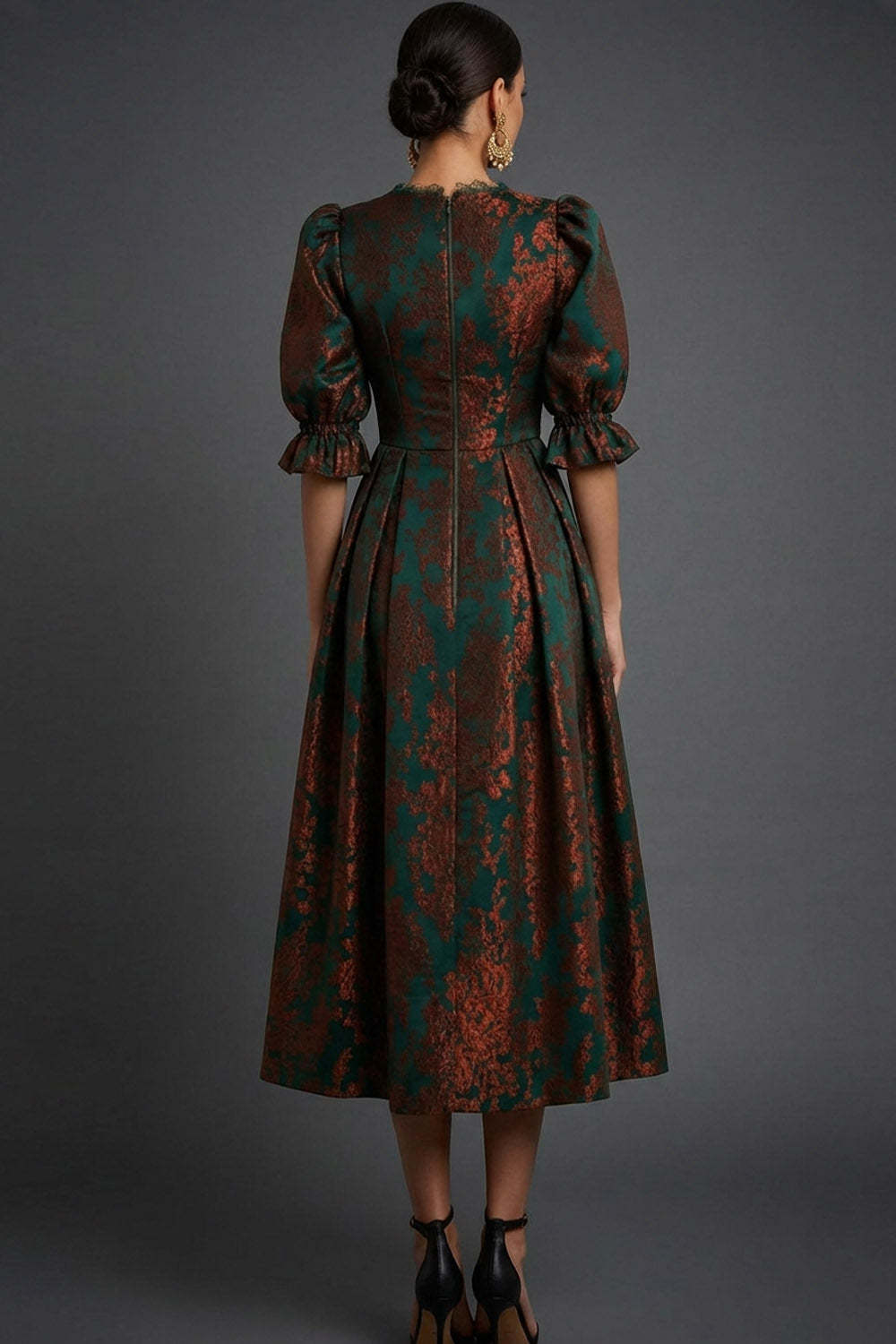 Floral Peacock Green Burnout Velvet A-Line Midi Wedding Guest Dress with Sleeves