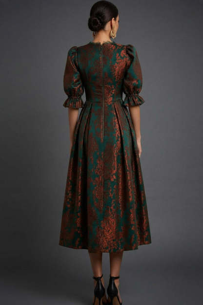 Floral Peacock Green Burnout Velvet A-Line Midi Wedding Guest Dress with Sleeves