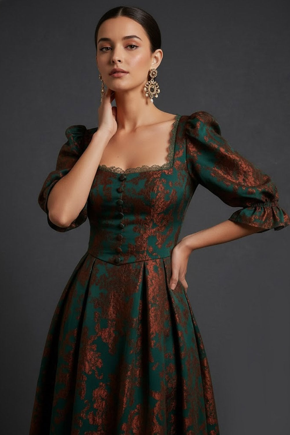 Floral Peacock Green Burnout Velvet A-Line Midi Wedding Guest Dress with Sleeves