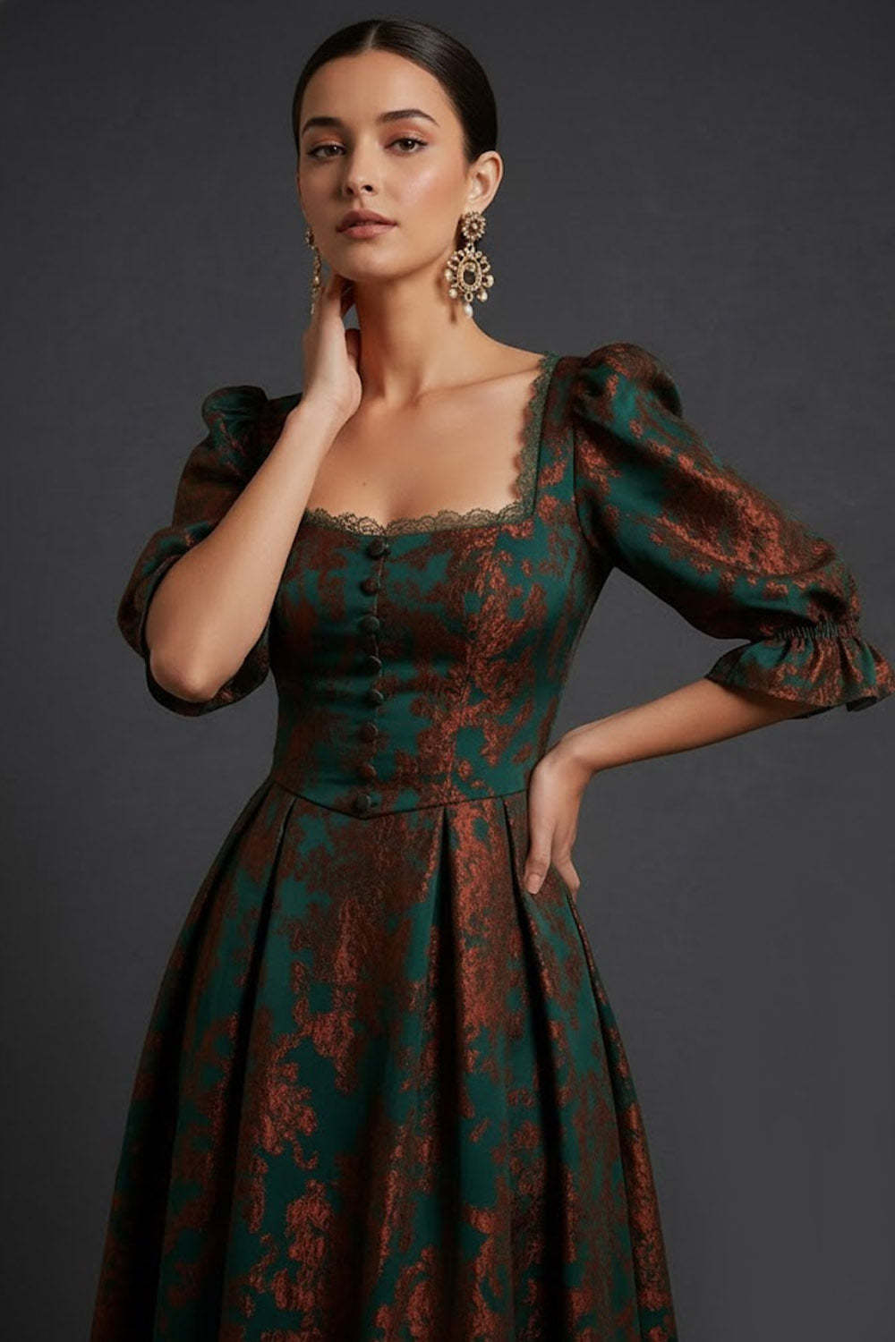 Floral Peacock Green Burnout Velvet A-Line Midi Wedding Guest Dress with Sleeves