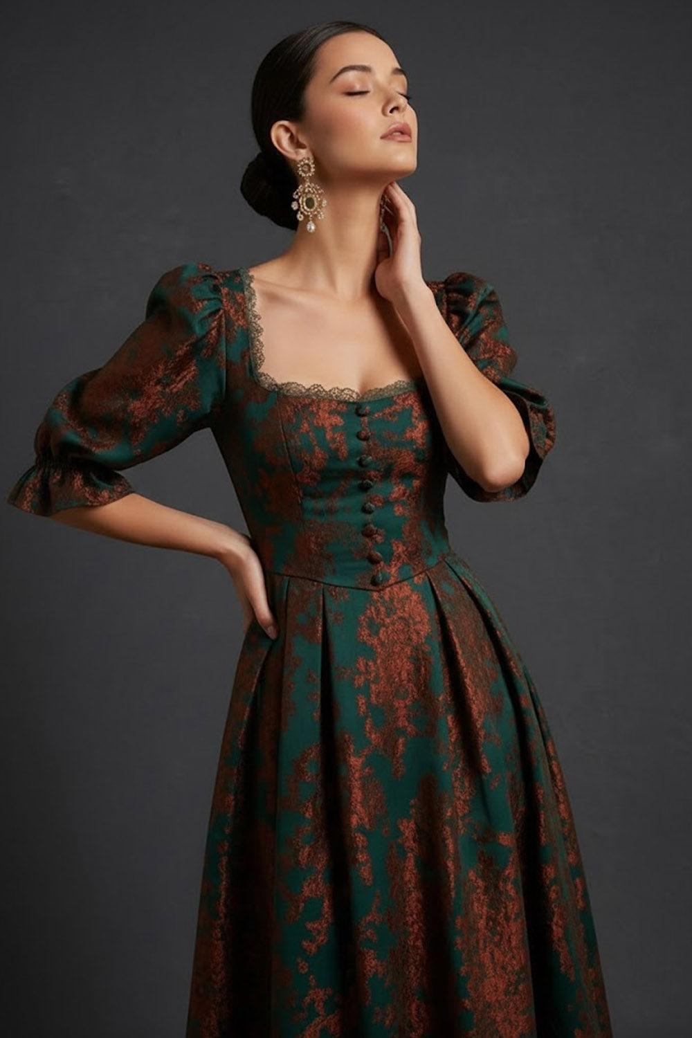 Floral Peacock Green Burnout Velvet A-Line Midi Wedding Guest Dress with Sleeves