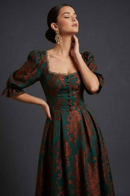Floral Peacock Green Burnout Velvet A-Line Midi Wedding Guest Dress with Sleeves