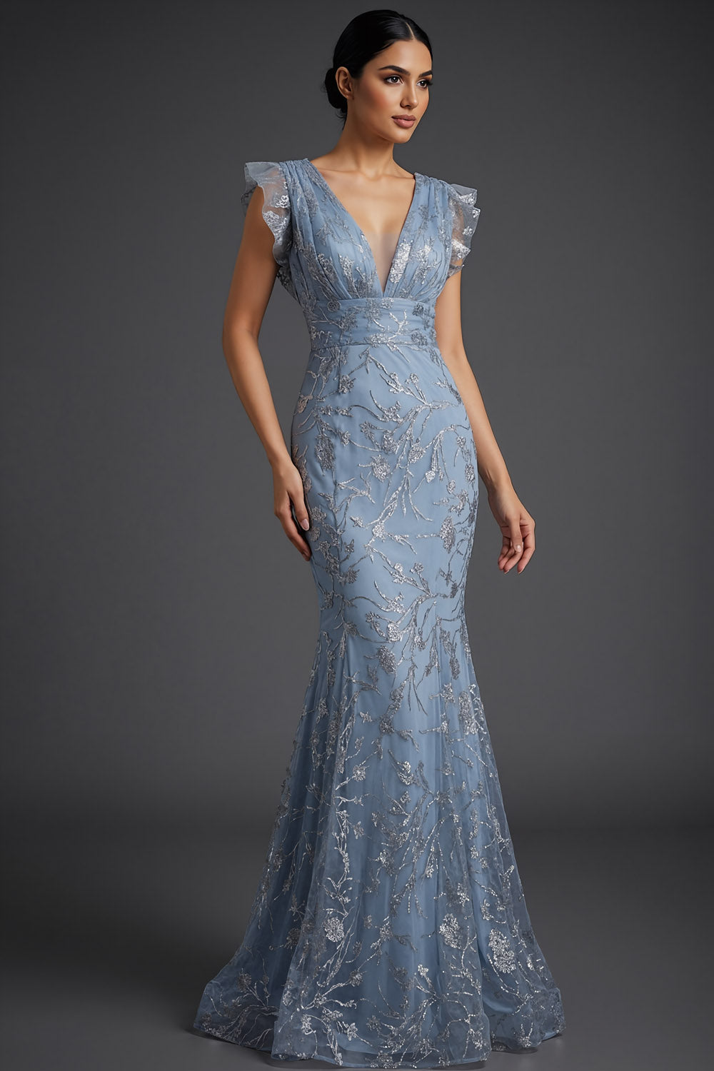 Floral Grey Blue Mermaid Sparkly V-Neck Maxi Prom Dress with Ruffles