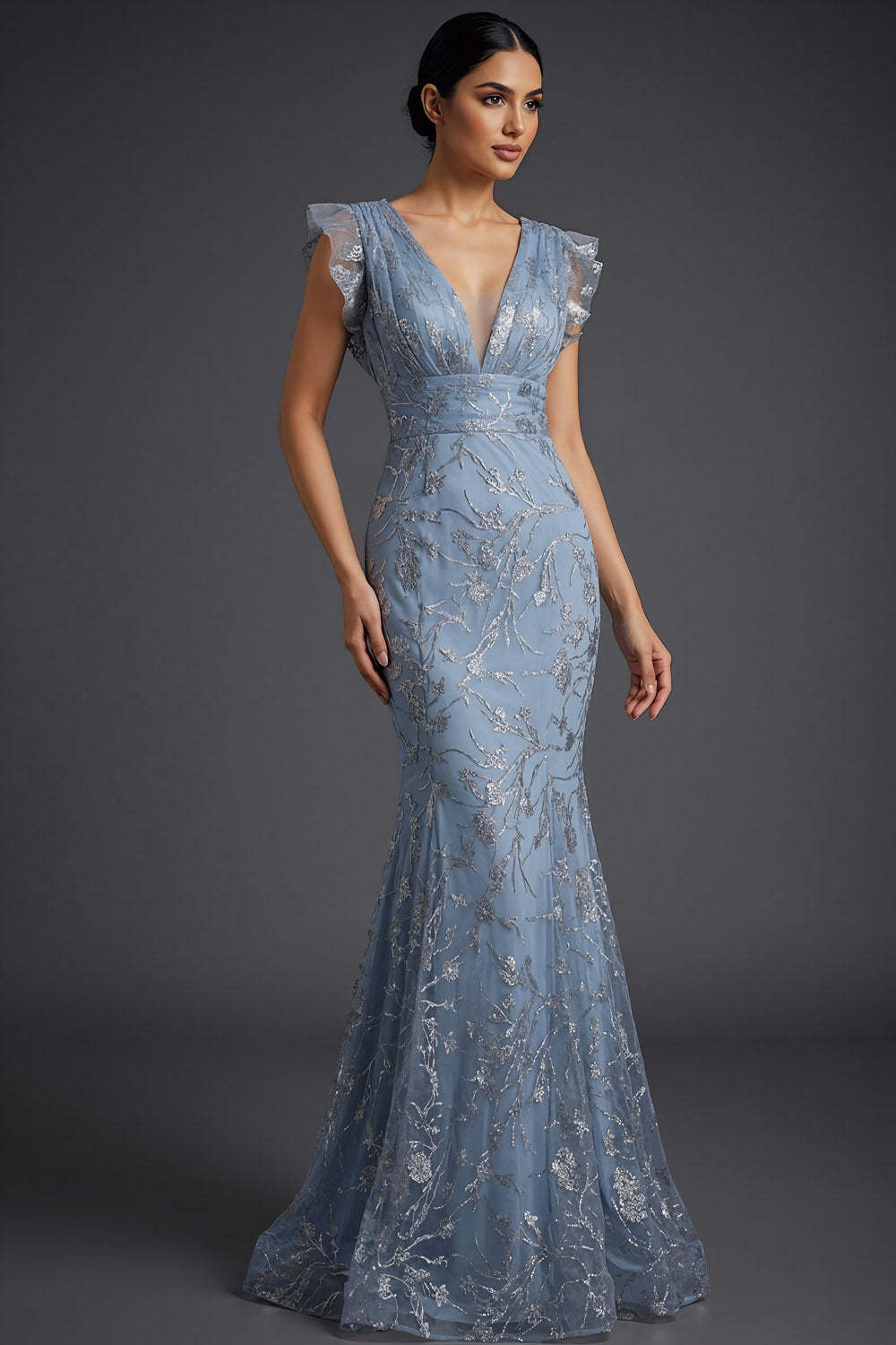 Leely Women Floral Grey Blue Maxi Prom Dress with Ruffles Mermaid Sparkly V-Neck Gala Dress