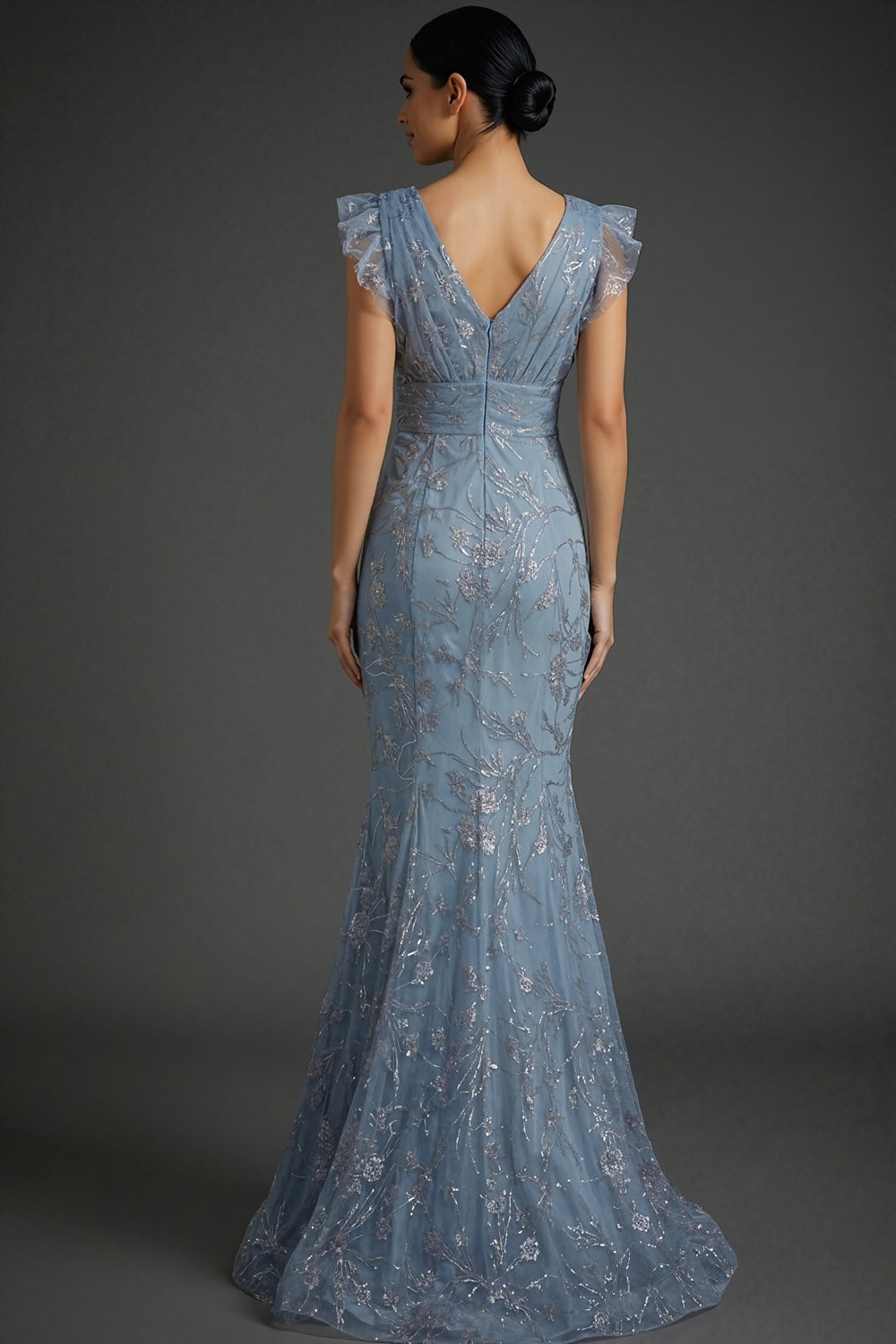 Floral Grey Blue Mermaid Sparkly V-Neck Maxi Prom Dress with Ruffles