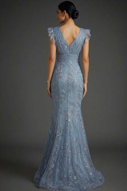 Floral Grey Blue Mermaid Sparkly V-Neck Maxi Prom Dress with Ruffles