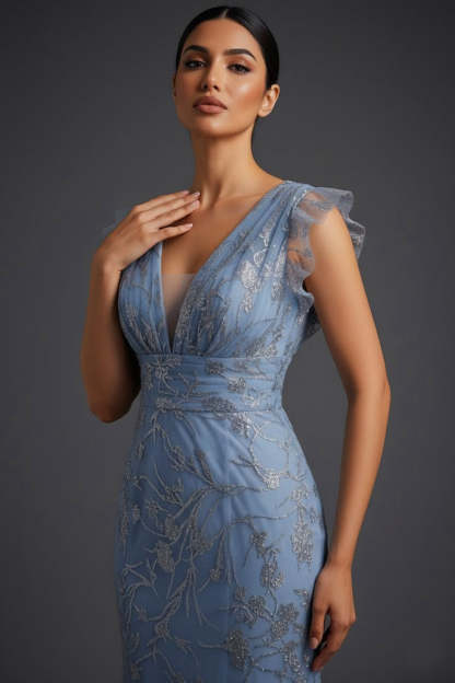 Floral Grey Blue Mermaid Sparkly V-Neck Maxi Prom Dress with Ruffles