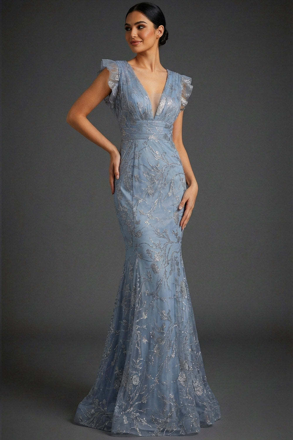 Floral Grey Blue Mermaid Sparkly V-Neck Maxi Prom Dress with Ruffles