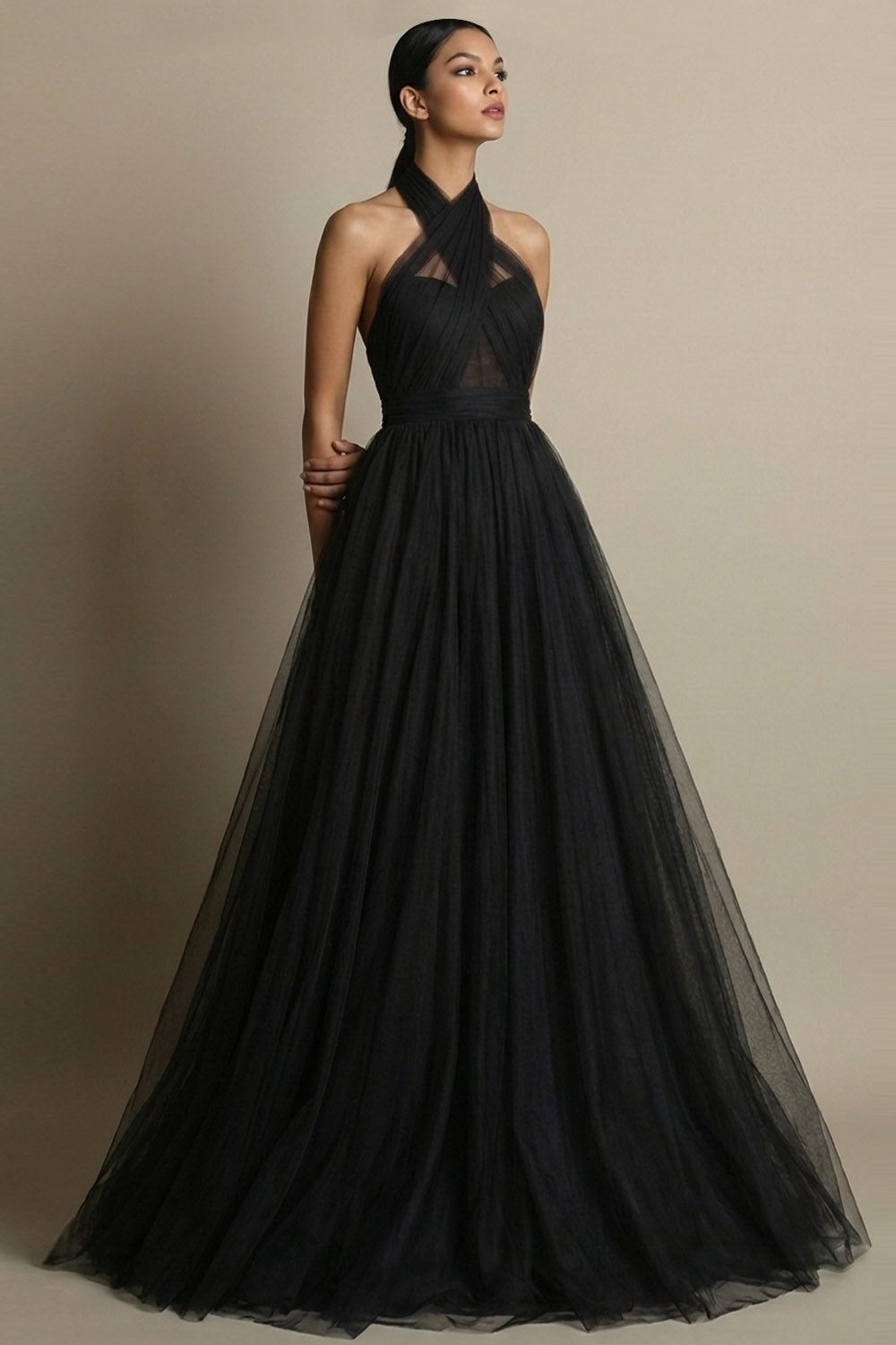 Leely Women Black Maxi Prom Dress Tulle Ball Gown Cross Halter Open Back Military Ball Dress