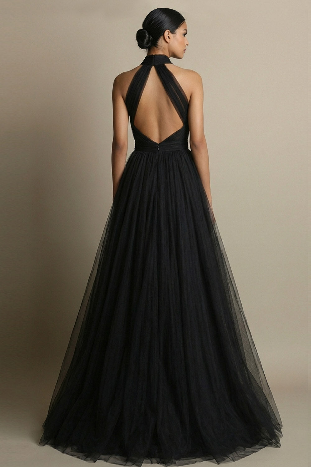 Black Ball Gown Cross Halter Tulle Maxi Prom Dress