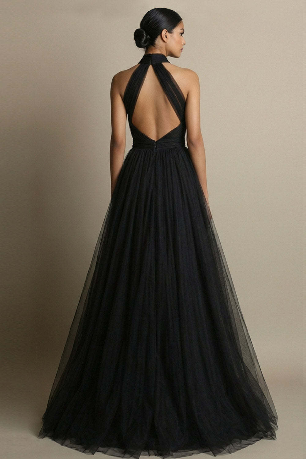 Black Ball Gown Cross Halter Tulle Maxi Prom Dress