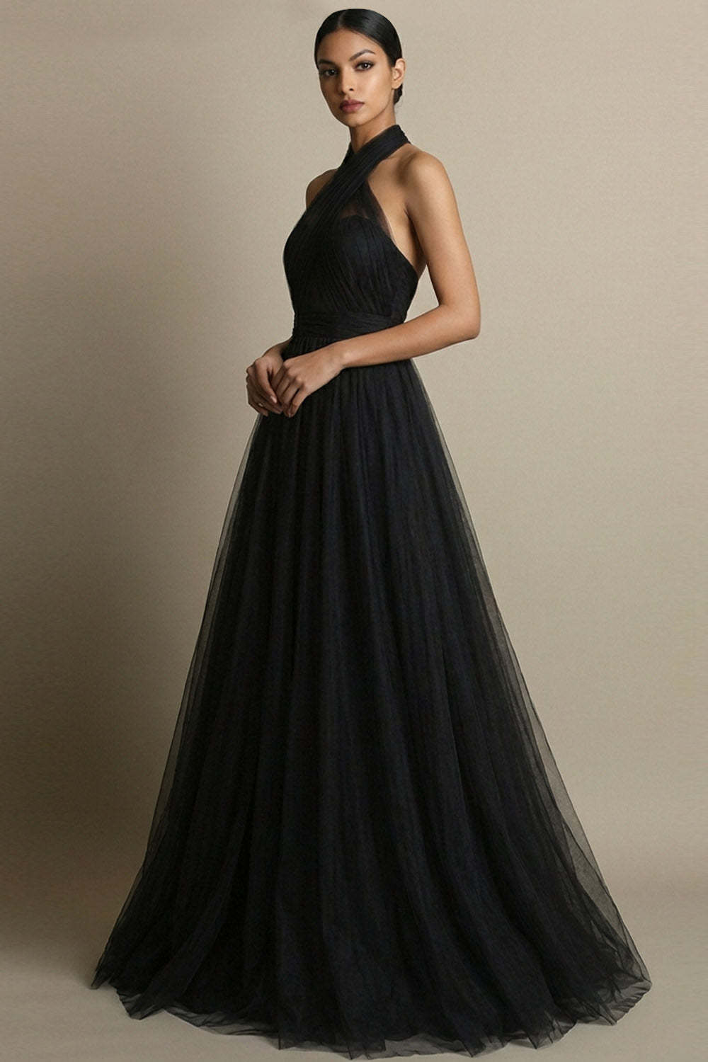 Black Ball Gown Cross Halter Tulle Maxi Prom Dress