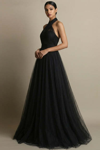 Black Ball Gown Cross Halter Tulle Maxi Prom Dress