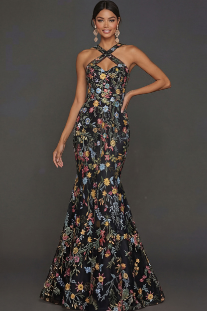 Floral Mauve Mermaid Criss Cross Neck Maxi Prom Dress with Embroidery