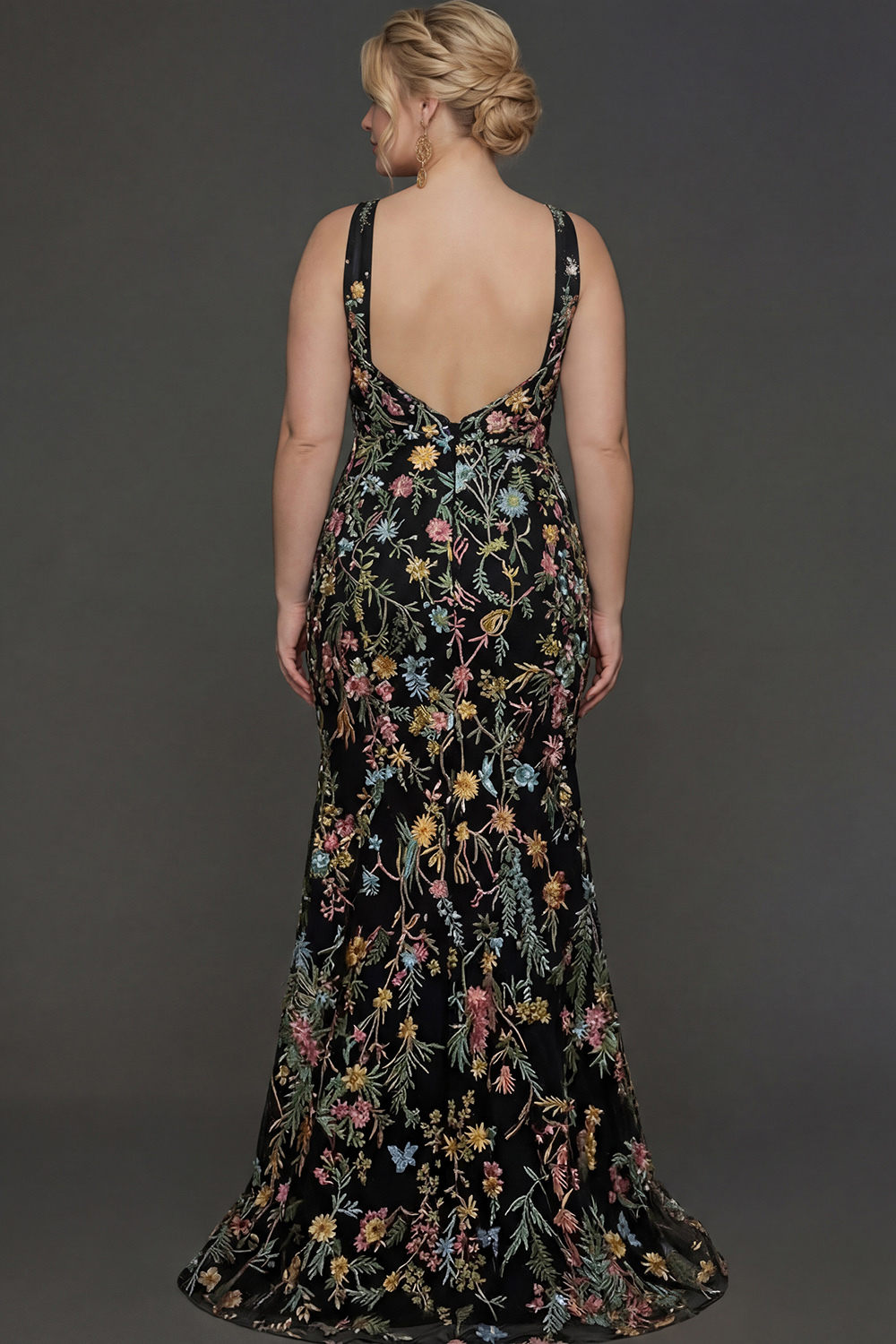 Plus Size Floral Mauve Mermaid Criss Cross Neck Maxi Prom Dress with Embroidery