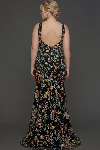 Plus Size Floral Mauve Mermaid Criss Cross Neck Maxi Prom Dress with Embroidery