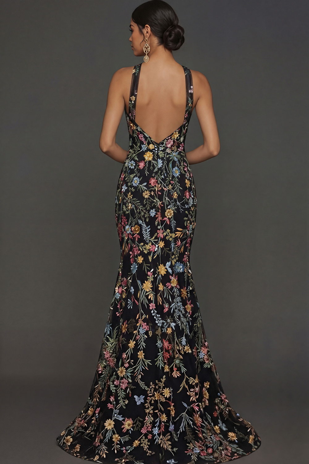 Floral Mauve Mermaid Criss Cross Neck Maxi Prom Dress with Embroidery