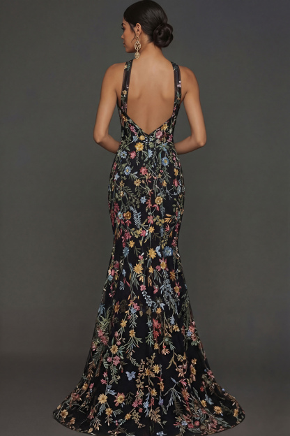 Floral Mauve Mermaid Criss Cross Neck Maxi Prom Dress with Embroidery