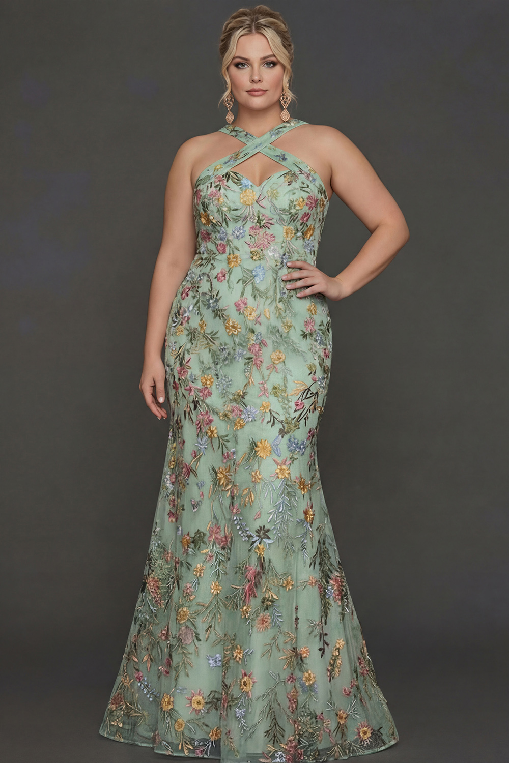 Plus Size Floral Mauve Mermaid Criss Cross Neck Maxi Prom Dress with Embroidery