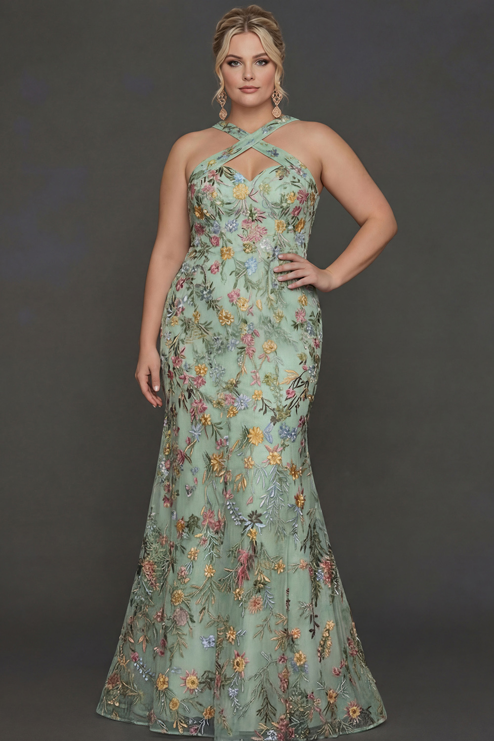 Plus Size Floral Mauve Mermaid Criss Cross Neck Maxi Prom Dress with Embroidery