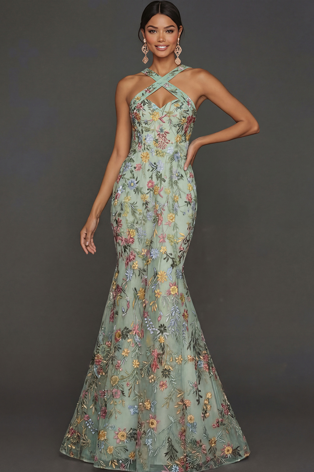 Floral Mauve Mermaid Criss Cross Neck Maxi Prom Dress with Embroidery