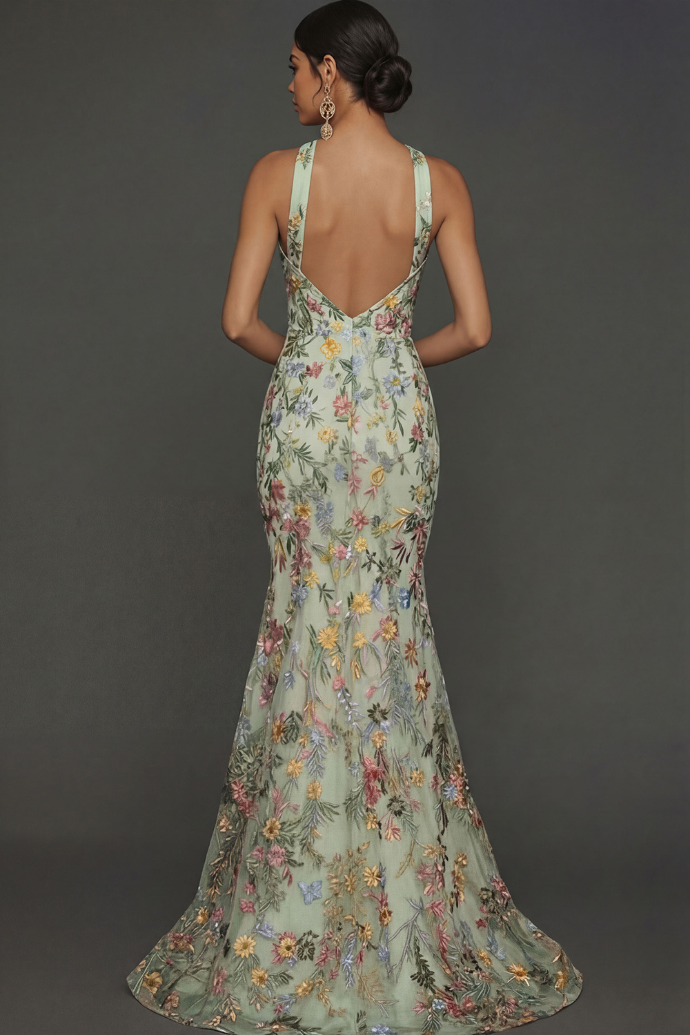 Floral Mauve Mermaid Criss Cross Neck Maxi Prom Dress with Embroidery