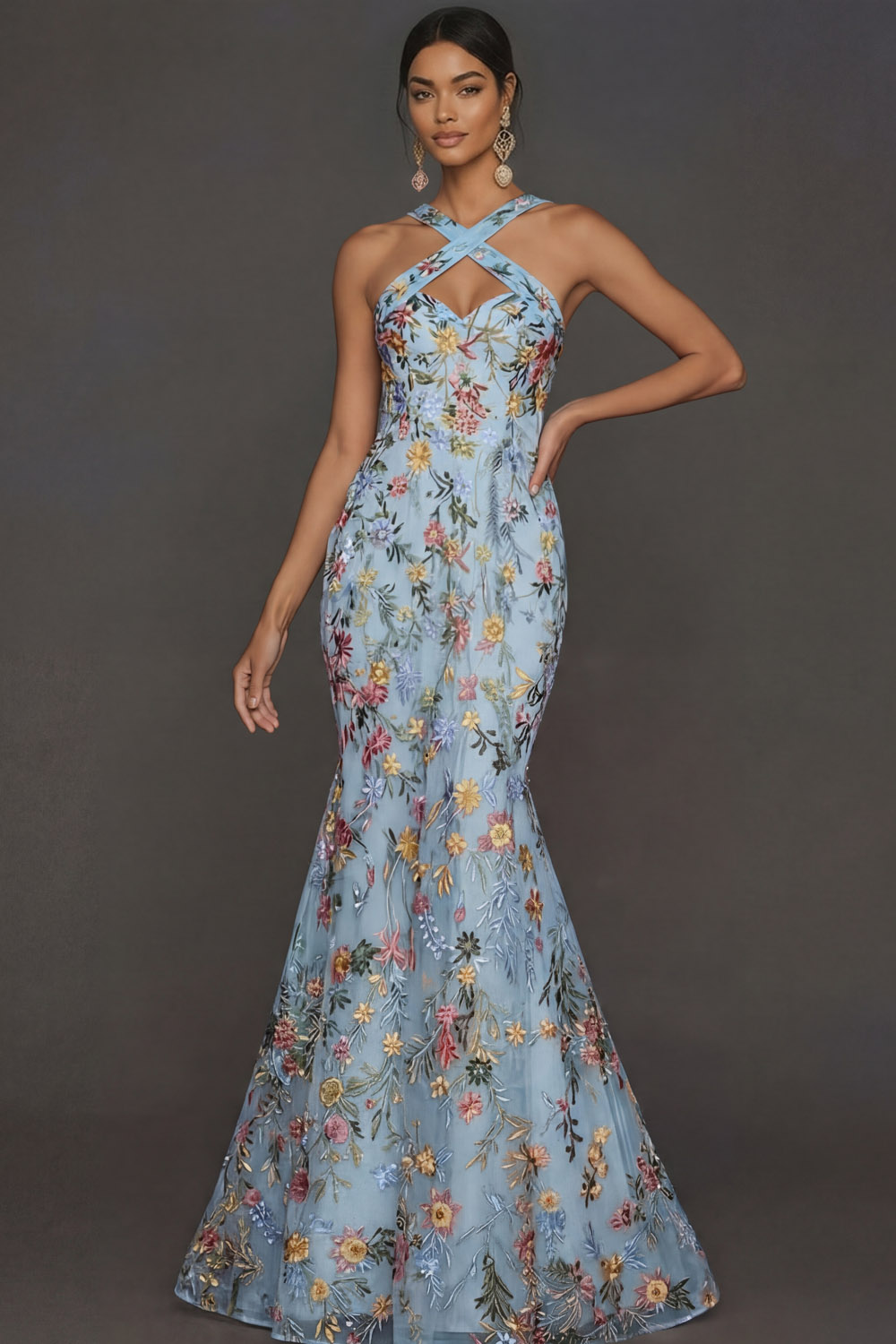 Floral Mauve Mermaid Criss Cross Neck Maxi Prom Dress with Embroidery