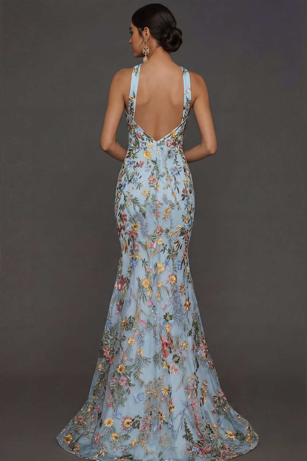 Floral Mauve Mermaid Criss Cross Neck Maxi Prom Dress with Embroidery