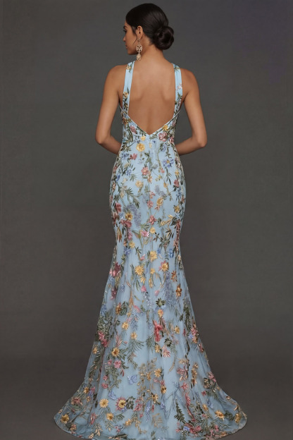 Floral Mauve Mermaid Criss Cross Neck Maxi Prom Dress with Embroidery