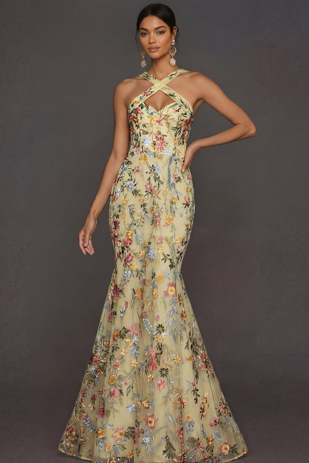 Floral Mauve Mermaid Criss Cross Neck Maxi Prom Dress with Embroidery