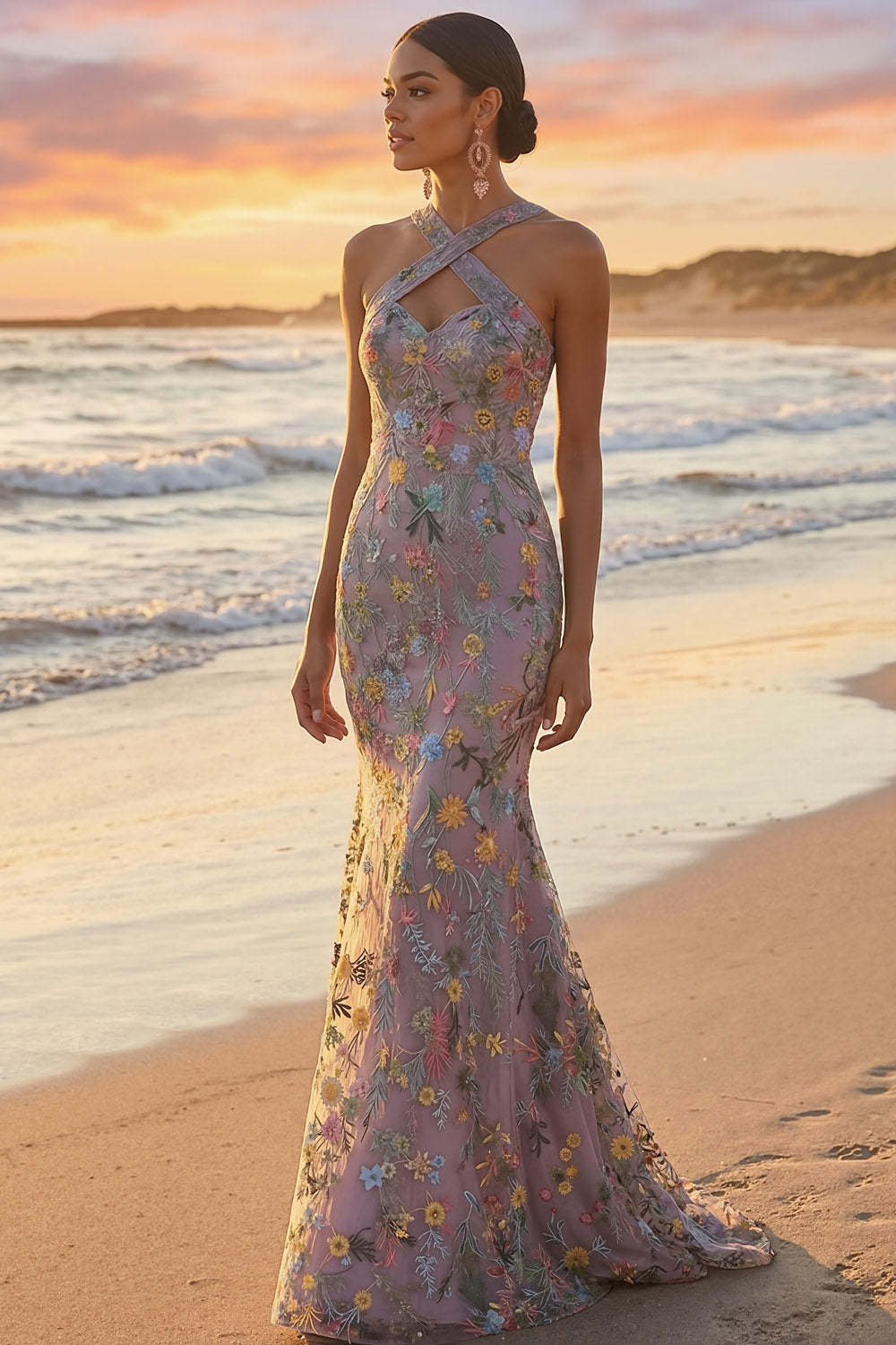 Floral Mauve Mermaid Criss Cross Neck Maxi Prom Dress with Embroidery