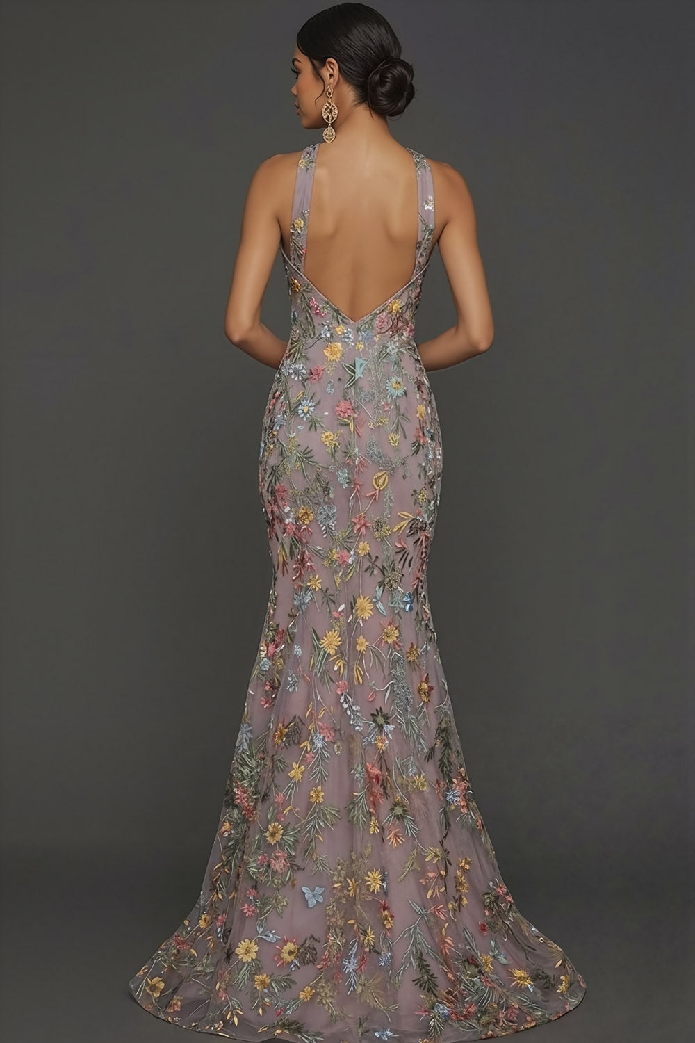 Floral Mauve Mermaid Criss Cross Neck Maxi Prom Dress with Embroidery