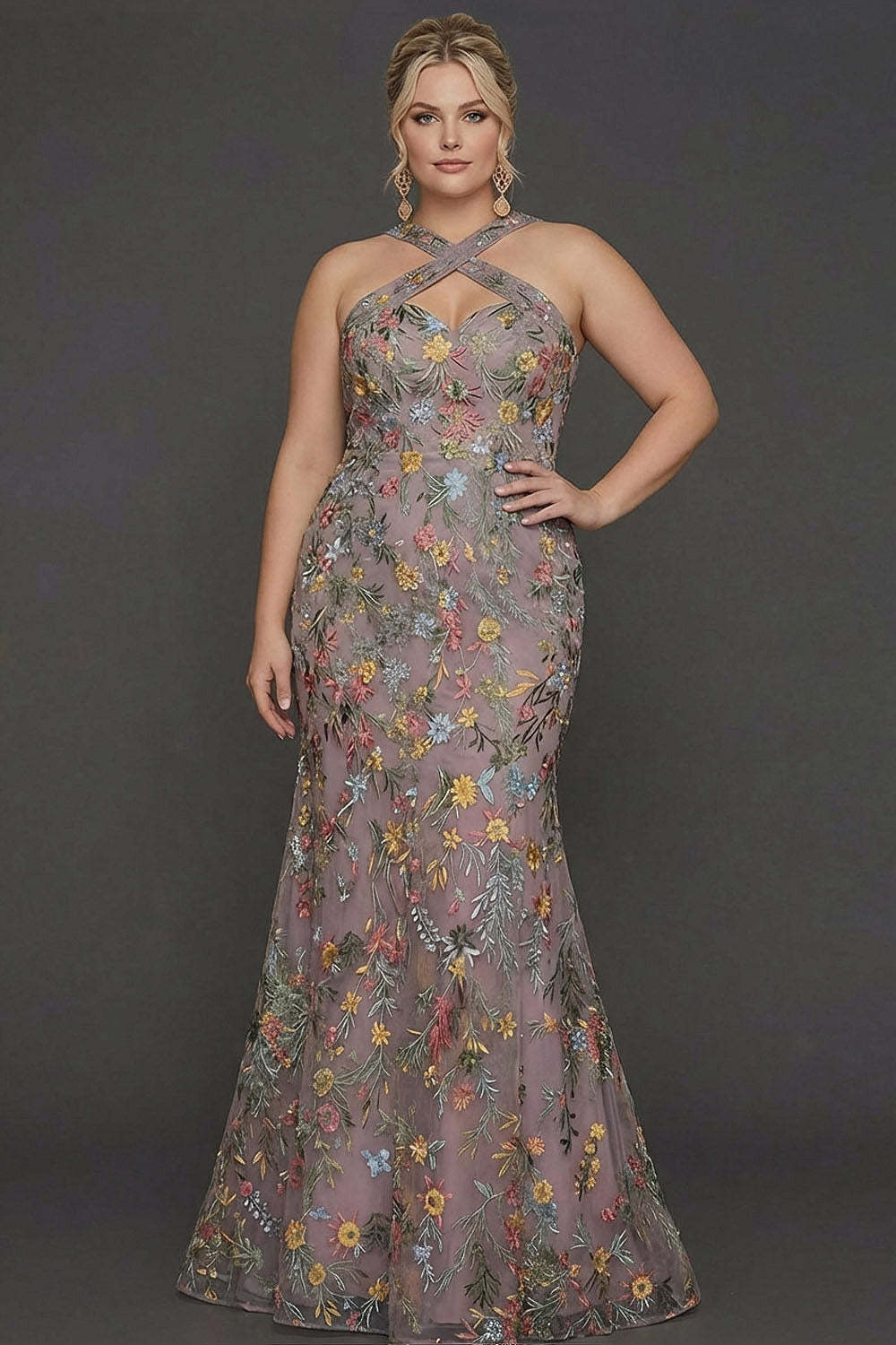 Plus Size Floral Mauve Mermaid Criss Cross Neck Maxi Prom Dress with Embroidery