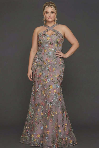 Plus Size Floral Mauve Mermaid Criss Cross Neck Maxi Prom Dress with Embroidery