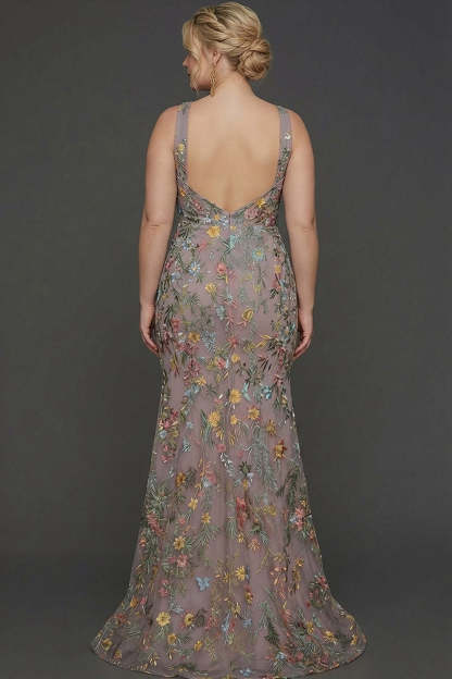 Plus Size Floral Mauve Mermaid Criss Cross Neck Maxi Prom Dress with Embroidery