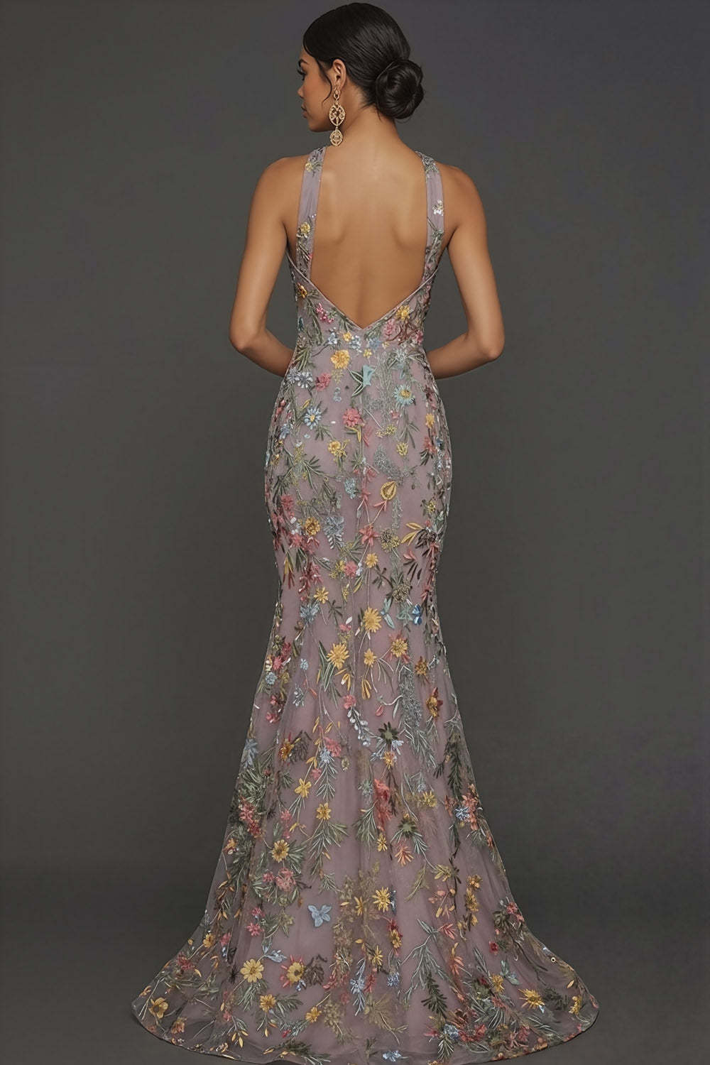 Floral Mauve Mermaid Criss Cross Neck Maxi Prom Dress with Embroidery