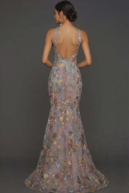 Floral Mauve Mermaid Criss Cross Neck Maxi Prom Dress with Embroidery