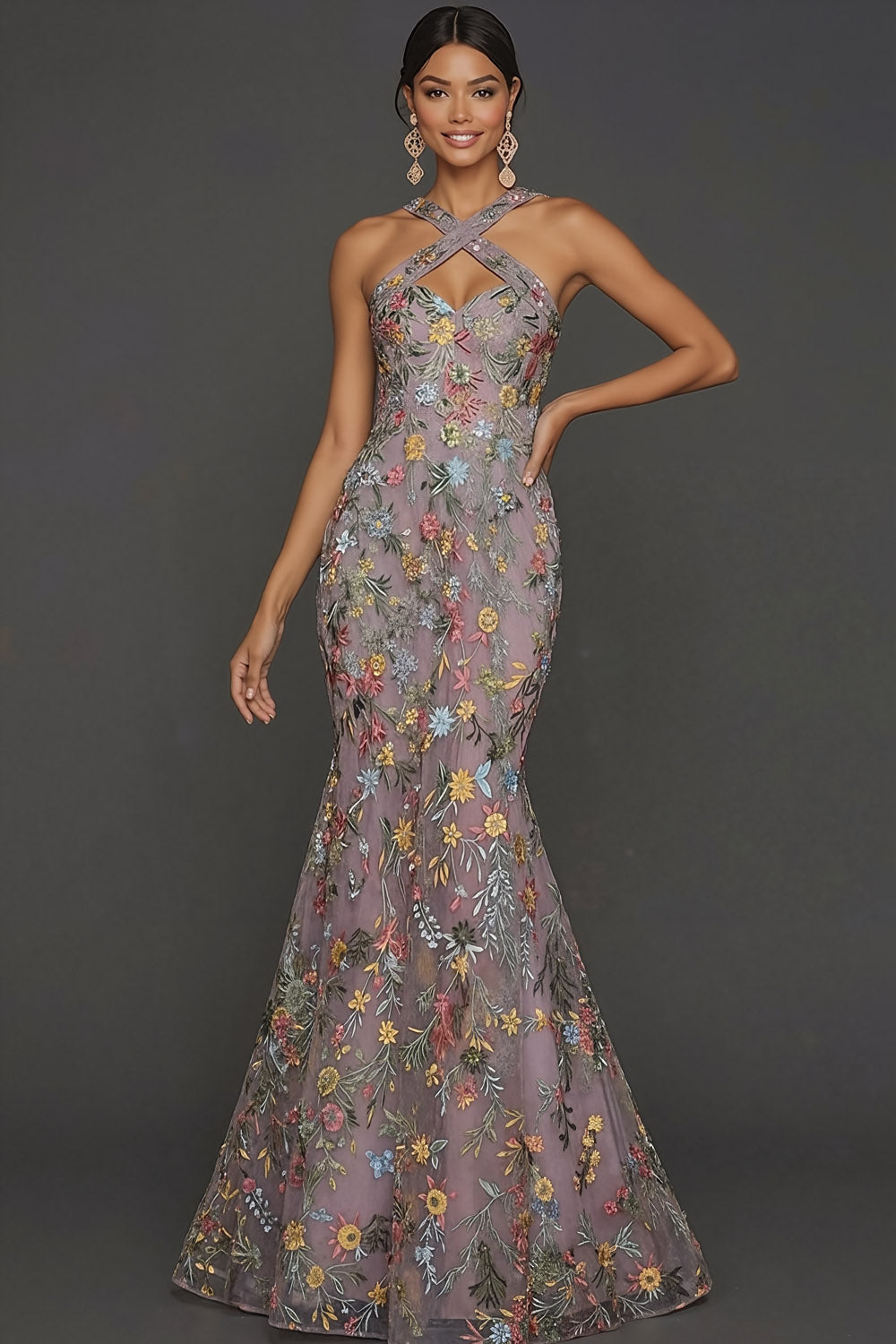 Floral Mauve Mermaid Criss Cross Neck Maxi Prom Dress with Embroidery