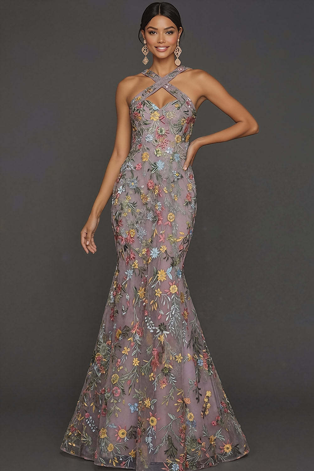 Floral Mauve Mermaid Criss Cross Neck Maxi Prom Dress with Embroidery