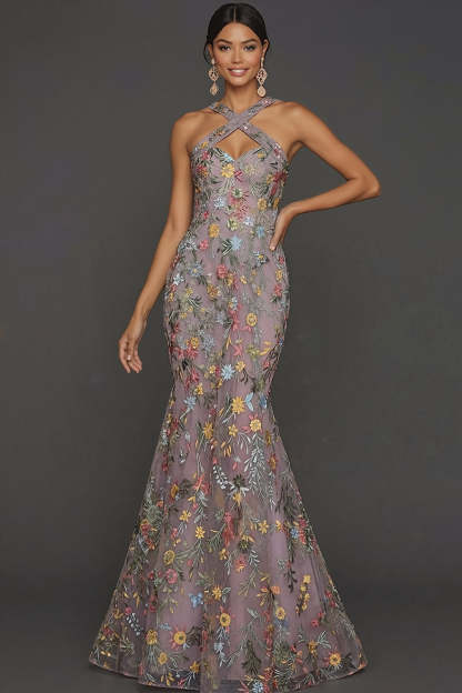 Floral Mauve Mermaid Criss Cross Neck Maxi Prom Dress with Embroidery