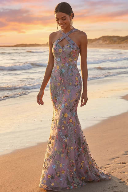 Leely Women Floral Mauve Maxi Prom Dress with Embroidery Mermaid Criss Cross Neck Backless Gala Dress