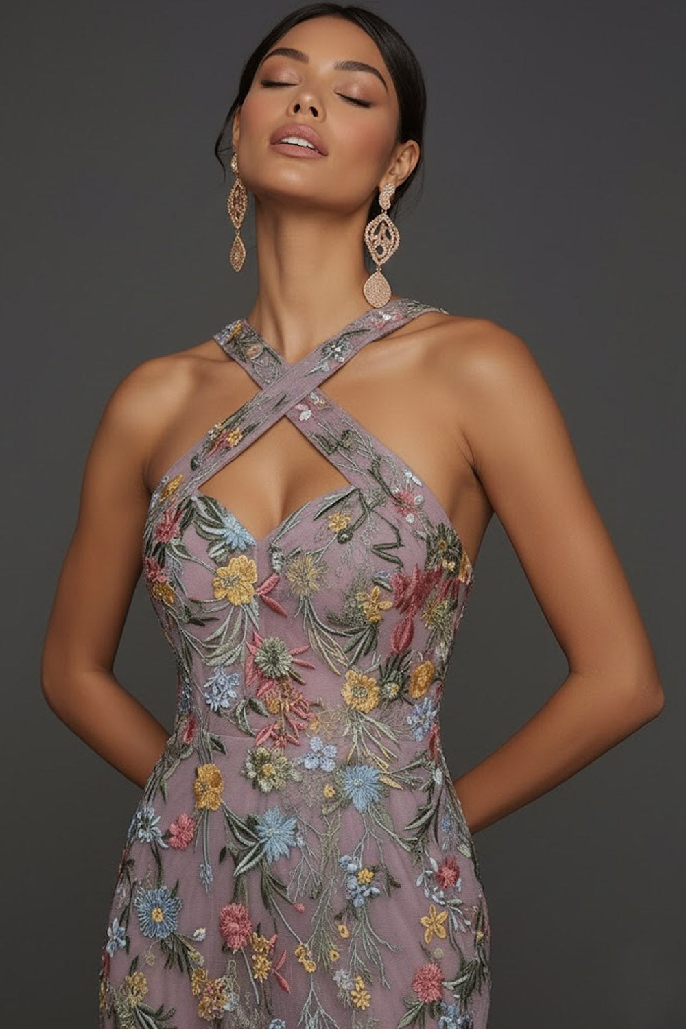 Floral Mauve Mermaid Criss Cross Neck Maxi Prom Dress with Embroidery