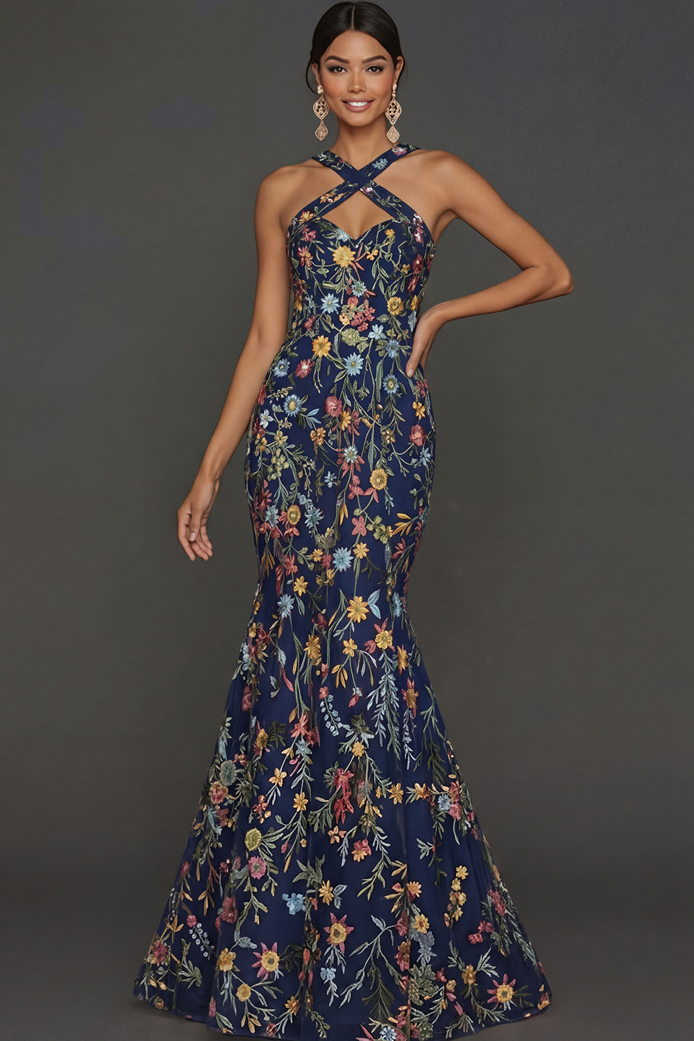 Floral Mauve Mermaid Criss Cross Neck Maxi Prom Dress with Embroidery