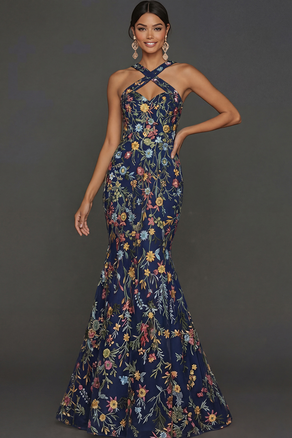 Floral Mauve Mermaid Criss Cross Neck Maxi Prom Dress with Embroidery