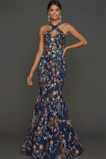 Floral Mauve Mermaid Criss Cross Neck Maxi Prom Dress with Embroidery