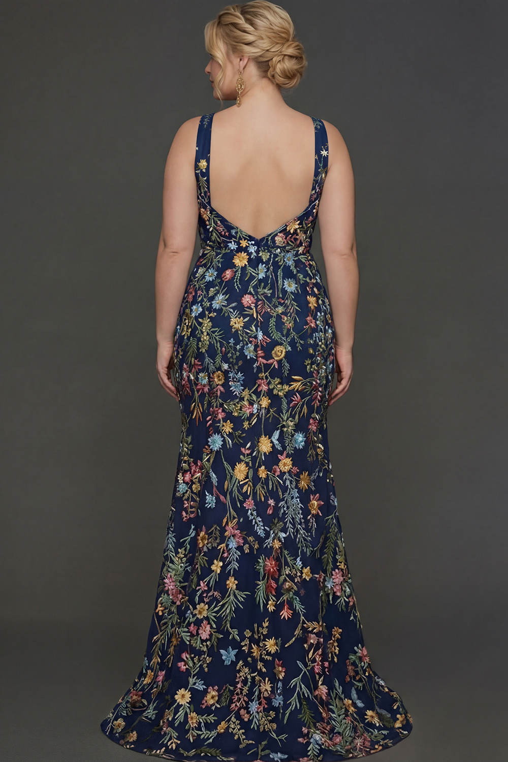 Plus Size Floral Mauve Mermaid Criss Cross Neck Maxi Prom Dress with Embroidery