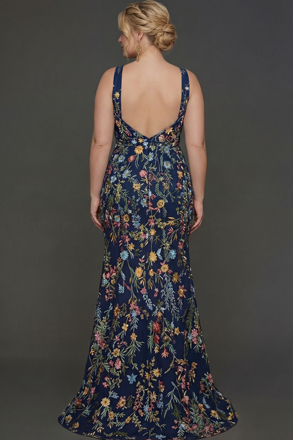 Plus Size Floral Mauve Mermaid Criss Cross Neck Maxi Prom Dress with Embroidery