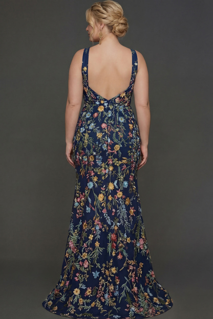 Plus Size Floral Mauve Mermaid Criss Cross Neck Maxi Prom Dress with Embroidery