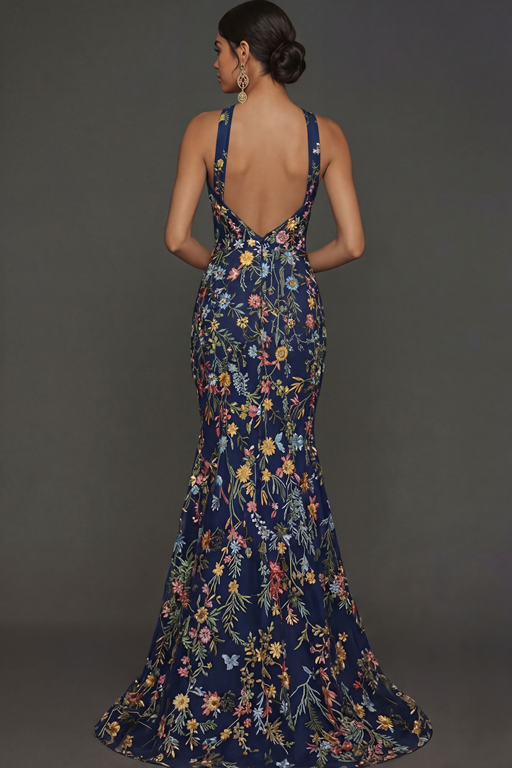 Floral Mauve Mermaid Criss Cross Neck Maxi Prom Dress with Embroidery